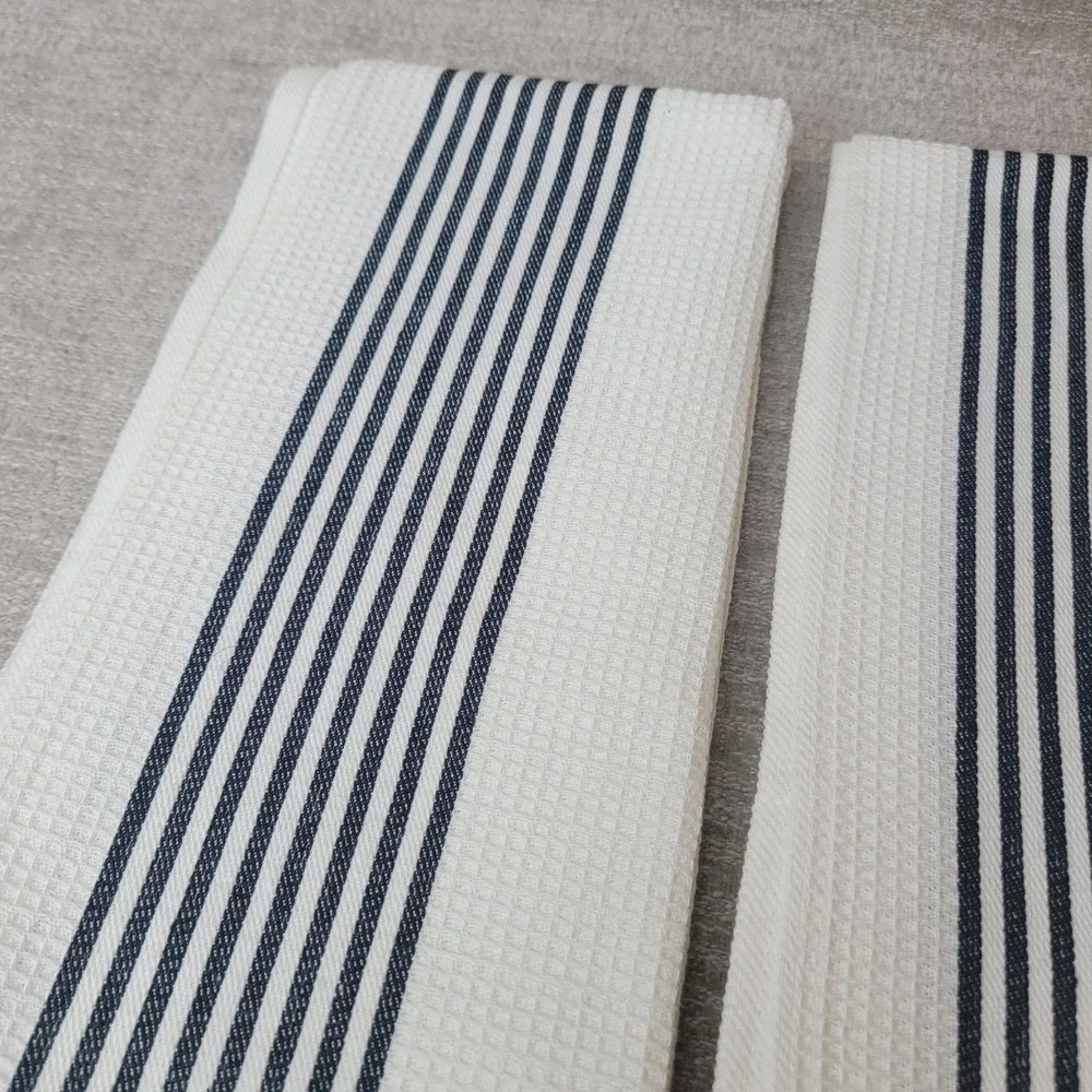 Crate & Barrel Waffle Dishtowel Black & White Stripes 100% Cotton Set of 2 - NEW